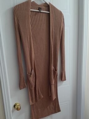 Marciano Ribbed Open-Front Long Cardigan in Camel